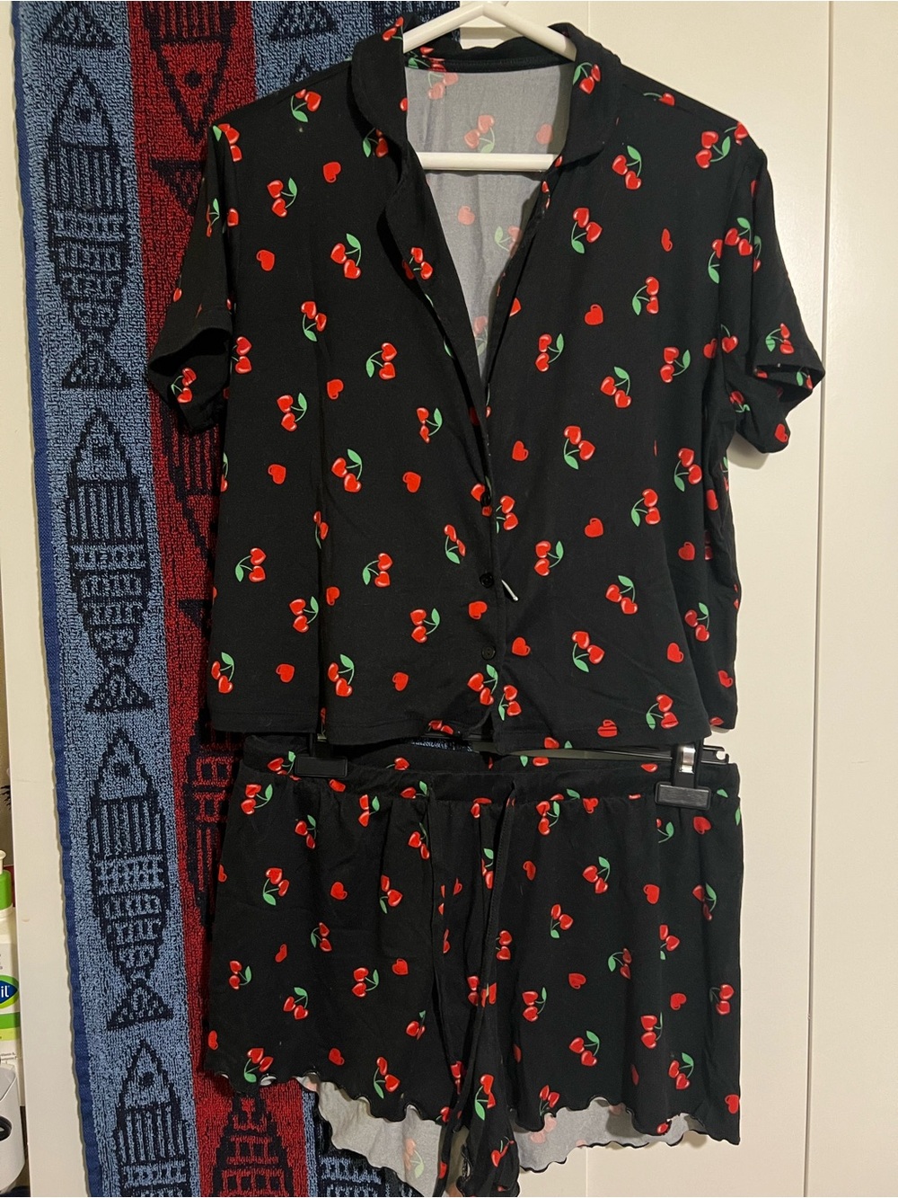 Cherry Print Soft Pajama Set - Black and Red
